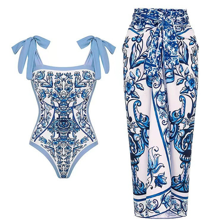Dame bikini kjole med blomsterapplikation og luftig maxi nederdel Stilla