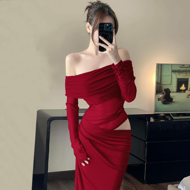 Dame Off-Shoulder Langærmet Kjole med figursyet snit og raffinerede draperinger Stilla