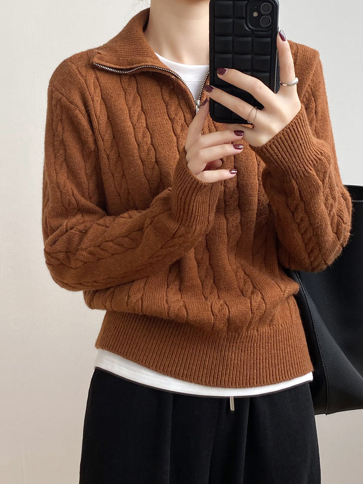 Femme Kabelstrik V-kvart-lynlå Pullover Sweater Stilla