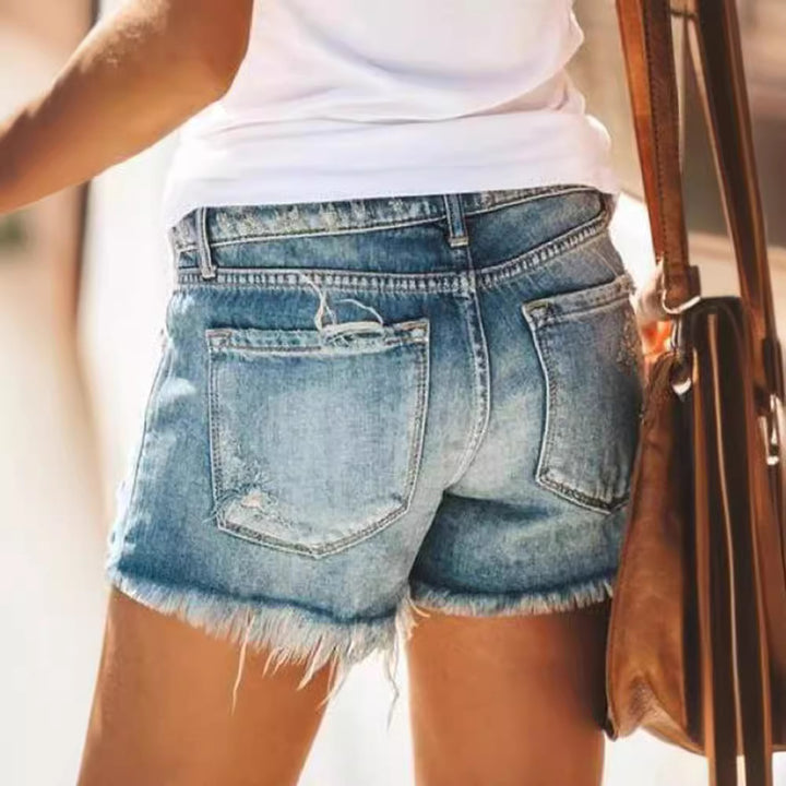 Dame Destroyed Denim Shorts i moderne look med frynser Skovae