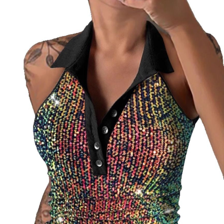 Dame Pailletter Leopardprint Polo Top Stilla