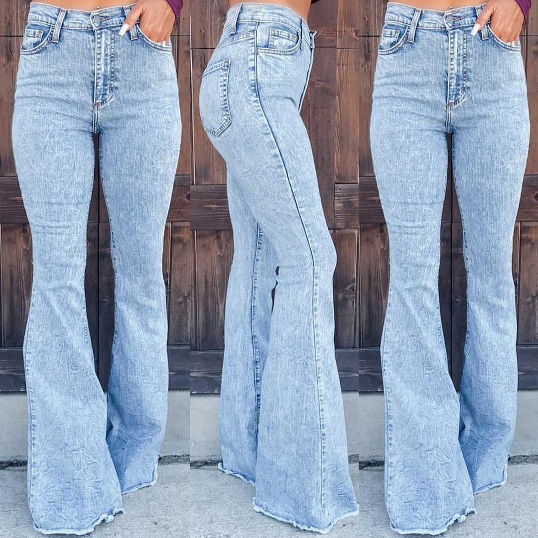 Dame Flared Jeans i vintage-look med høj talje og fransede sømme Stilla
