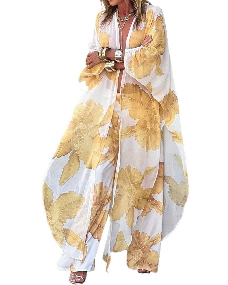 Kvindernes langærmede kimono med blomsterprint og flydende stof Skovae