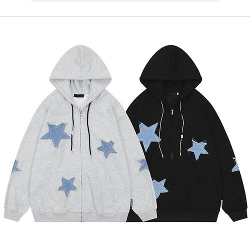 Femme Zip-Up Hætte-Sweatshirt med dekorative stjerne-applikationer Stilla