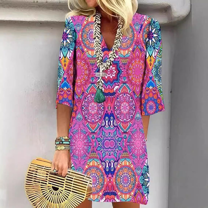 Dame nan kort Boho Strandkjole i Mandala-print med V-udskæring, trekvartærmer og afslappet A-linje Skovae