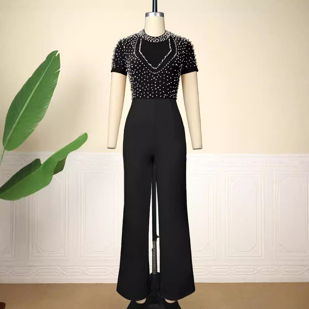 Dame elegant jumpsuit med glitrende perlebesætning Skovae
