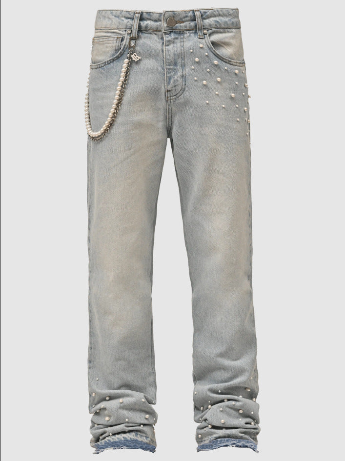 Dame Designer-Denim-Jeans med perleudsmykning Stilla