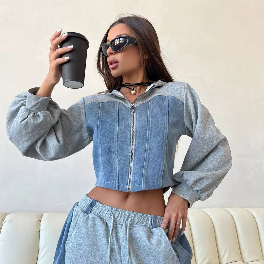Kvindernes cropped sweatshirt jakke med ballon-formede ærmer og joggingbukser sæt Skovae