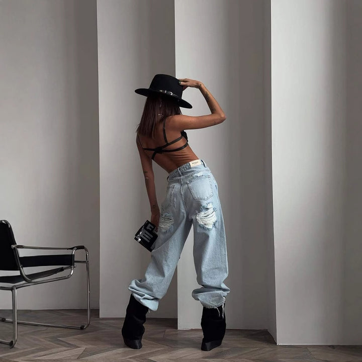 Kvinders Baggy Jeans i Vintage Stil med Slidte Detaljer og Høj Talje Stilla