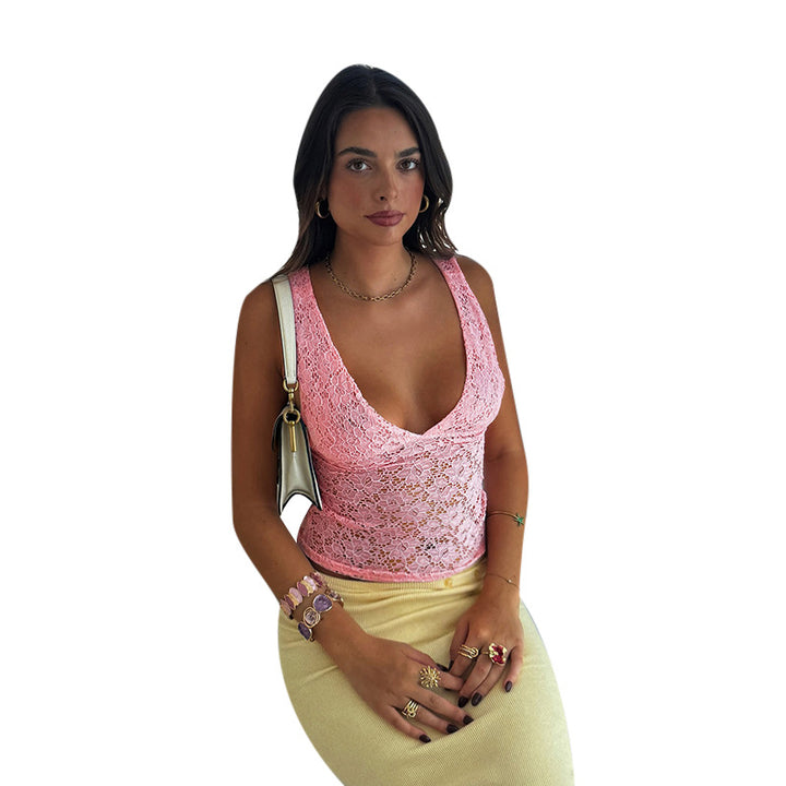 Dame spids crop top med dyb V-udskæring og flæsedesign Skovae