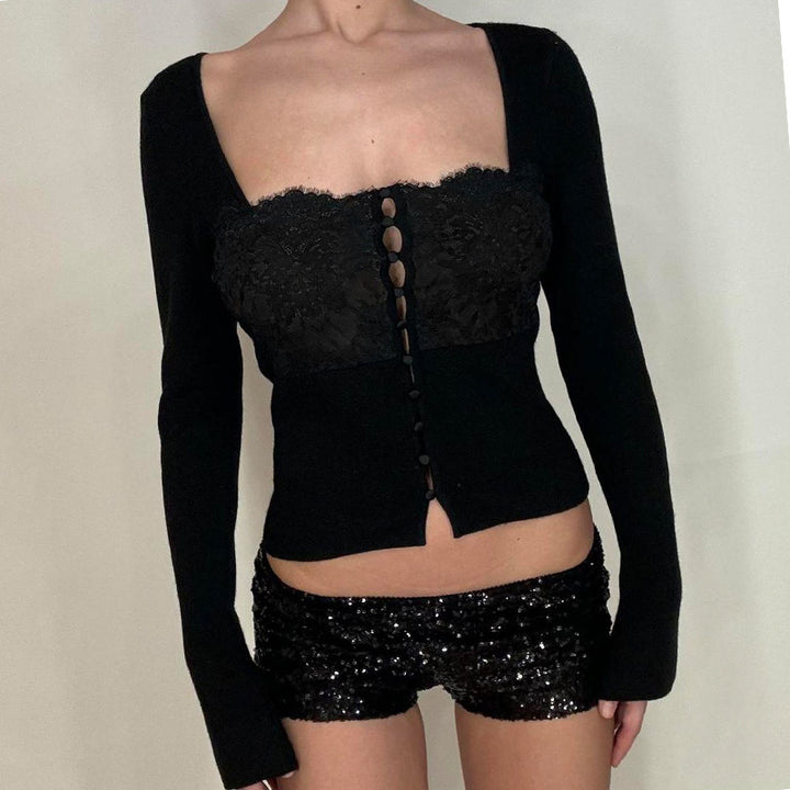 Dame Elegant top med blondedetaljer og knaplukning Stilla