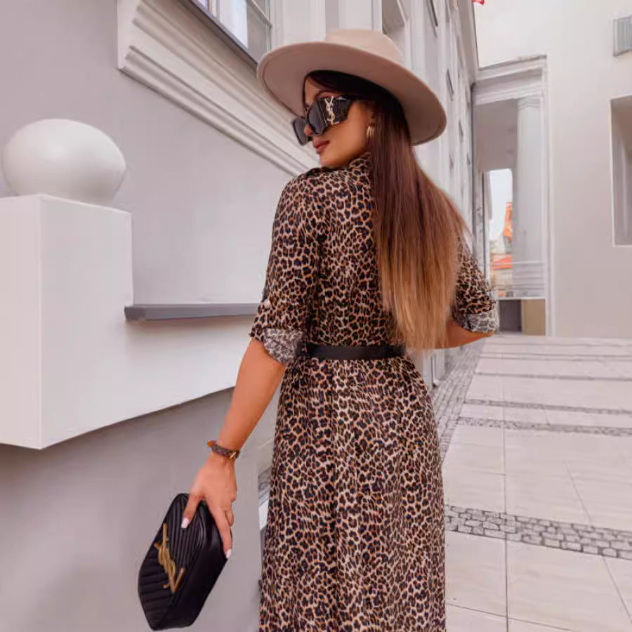 Dame Elegant Leopardmønster Skjortekjole Stilla