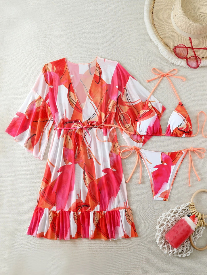 Dame bikinisæt med blomster kaftan Skovae