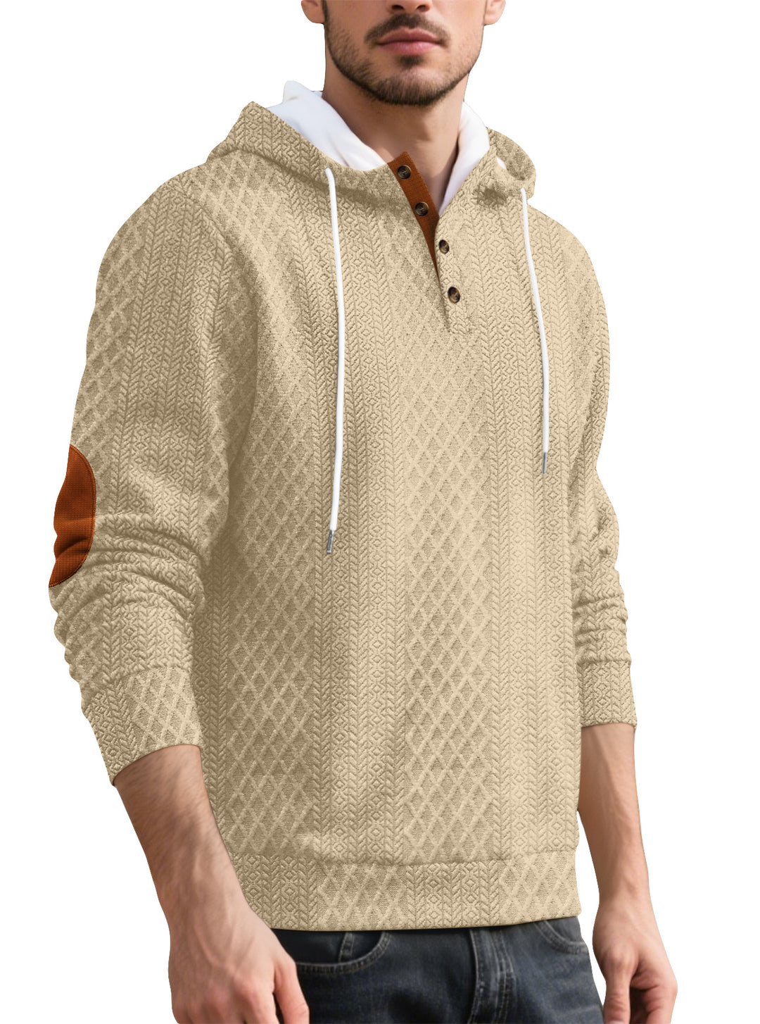 Herren nan Diamond-struktur hættepullover med kort knapliste, quiltet hætte inderside og ruskinds albuepatch Skovae