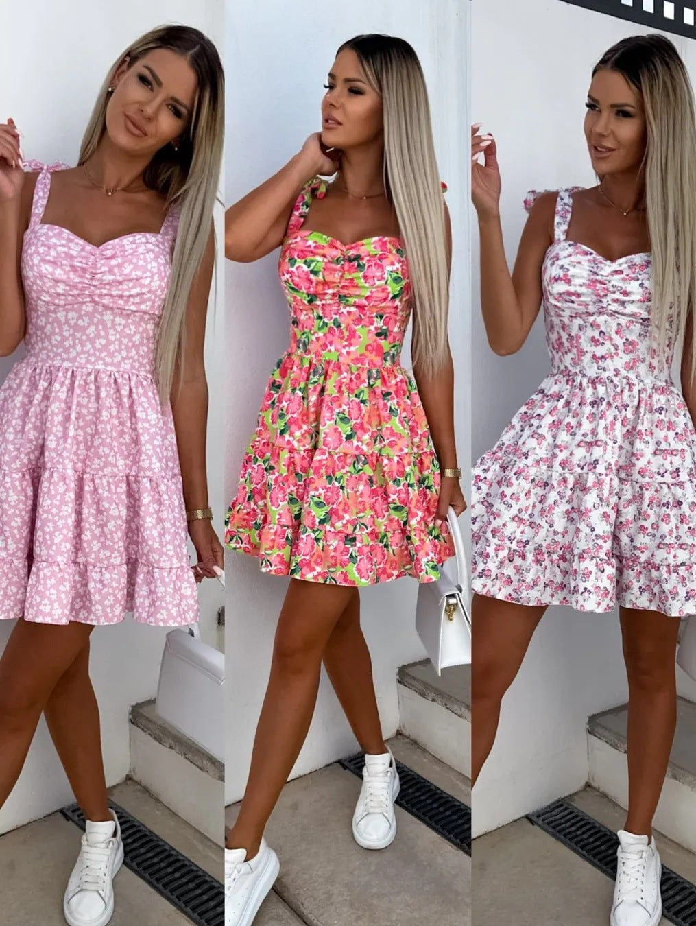 Dame Floral A-line Mini Kjole med Volang Kant Stilla