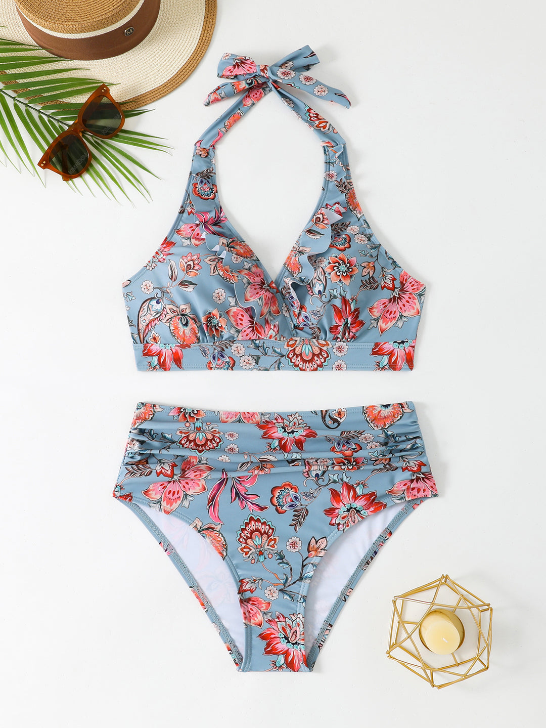 Damer høj taljeret bikini-sæt med blomsterdesign Skovae