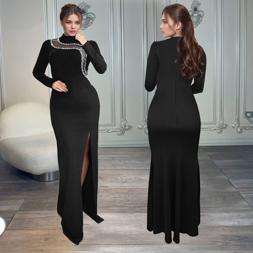 Dame Elegante Aftenkjole med lange ærmer og glamourøse rhinsten dekoreringer Stilla