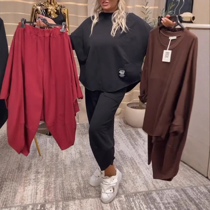 Dame nan Lounge-Sæt bestående af Oversize-Cape-Sweatshirt og konisk Jogpant Skovae