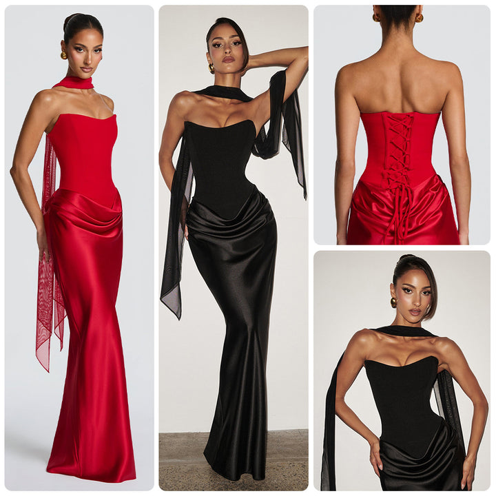 Kvinders aftenkjole med off-shoulder design og elegant slids Skovae