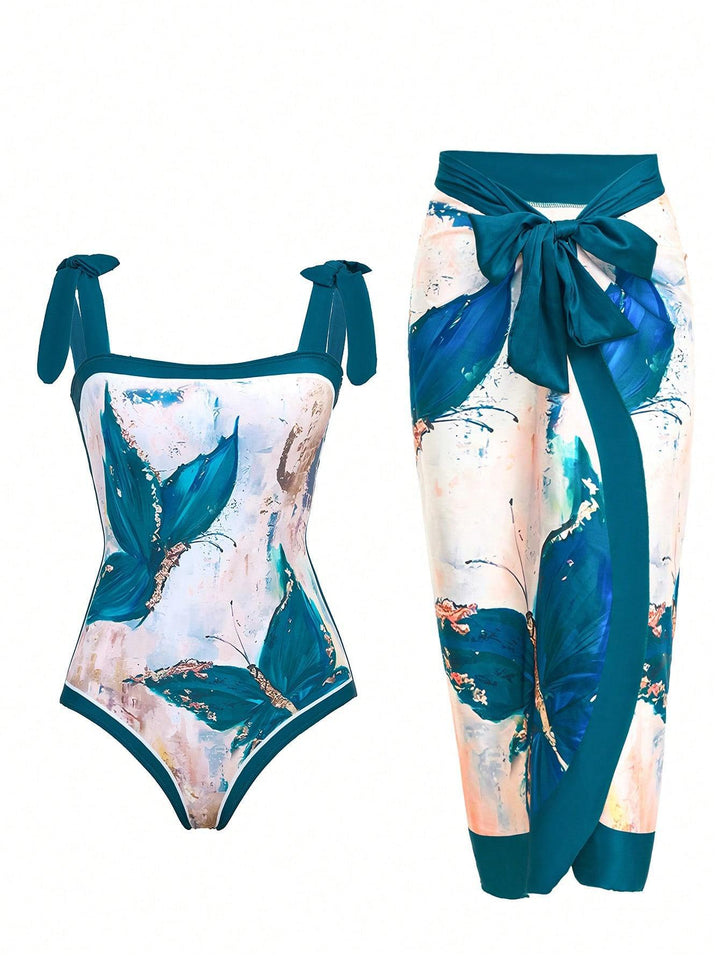 Damer Elegant badedragt med florale accenter og fashionable sarong Skovae