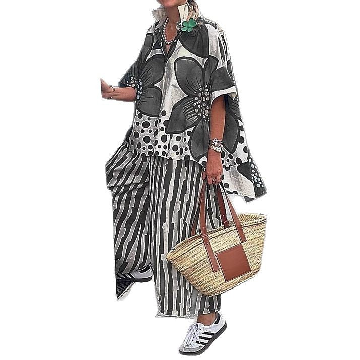 Dame Stilfuldt Floralprint Poncho og Bred-Bukser Sæt Stilla