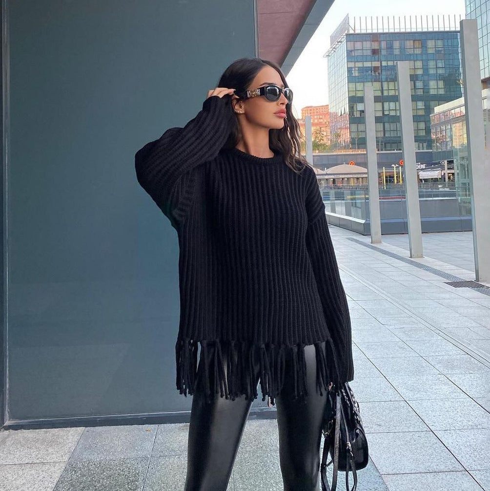 Kvinders casual strikket sweater med frynser og bred pasform Skovae