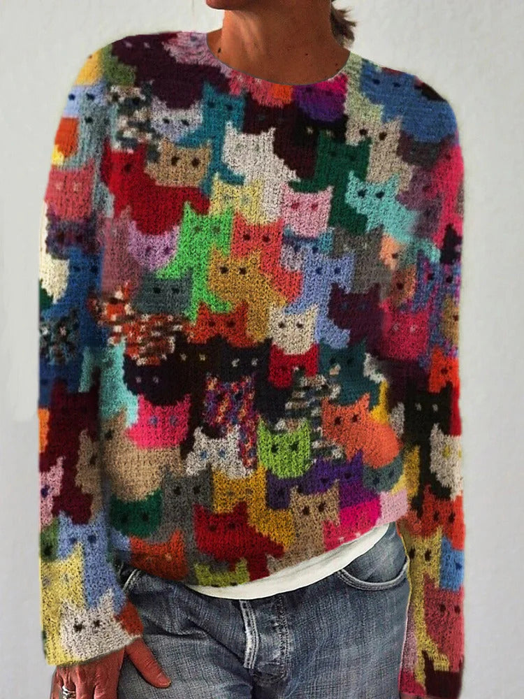 Kvindernes strikkede sweater med legende kattemønster Stilla