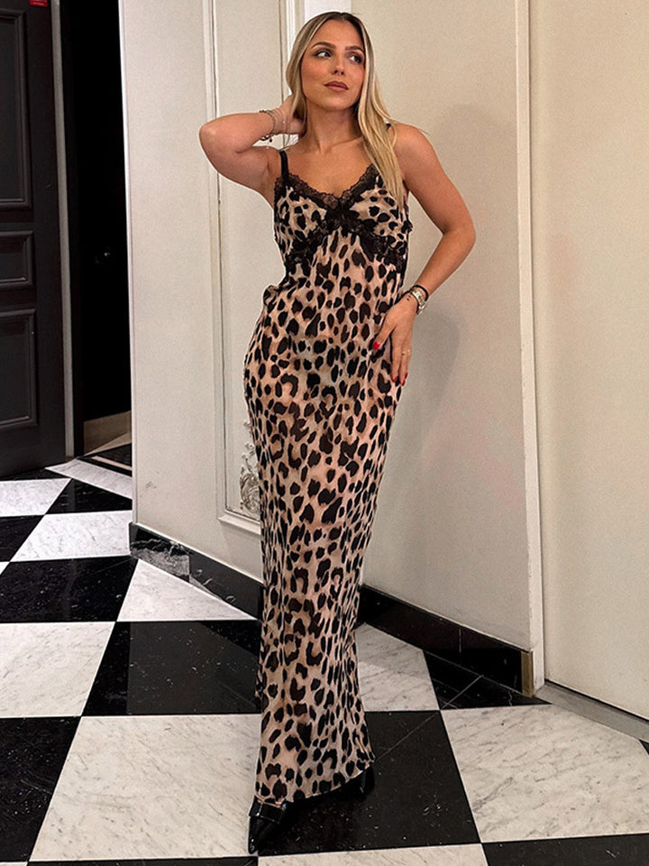 Dame Elegante Maxikjole med blonde og raffineret leopardmønster Stilla