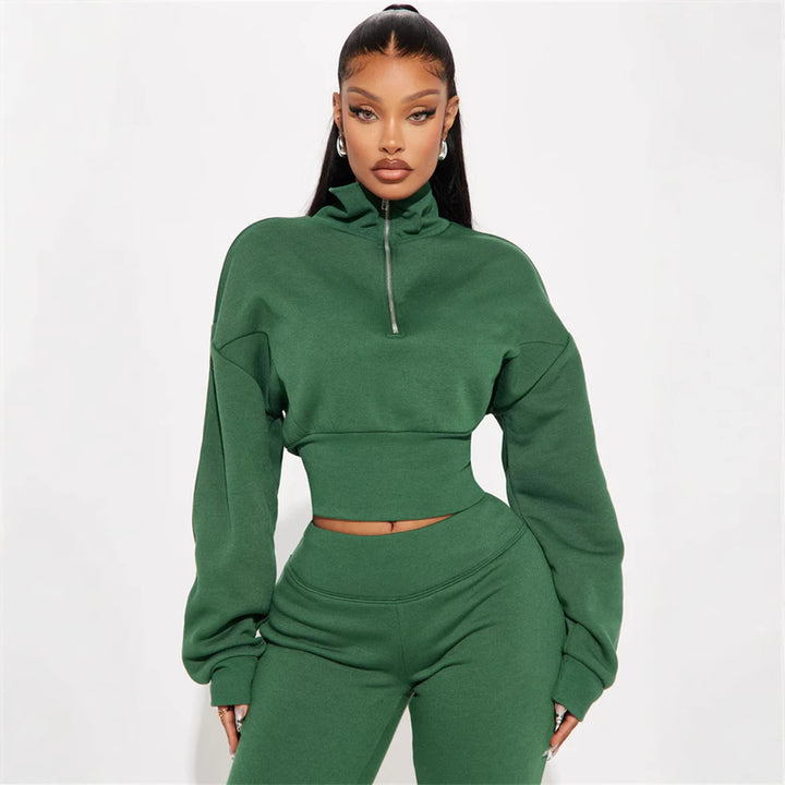 Dame Premium Sweat-Set med kort lynlås og brede bukser Stilla
