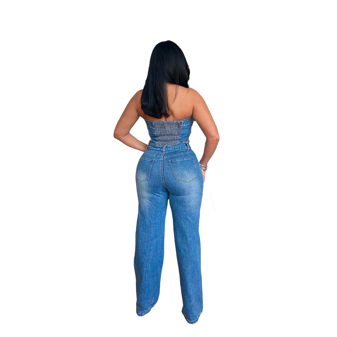 Dame Designer-Jumpsuit i Used-Look med figursyet overdel og bredt ben Stilla