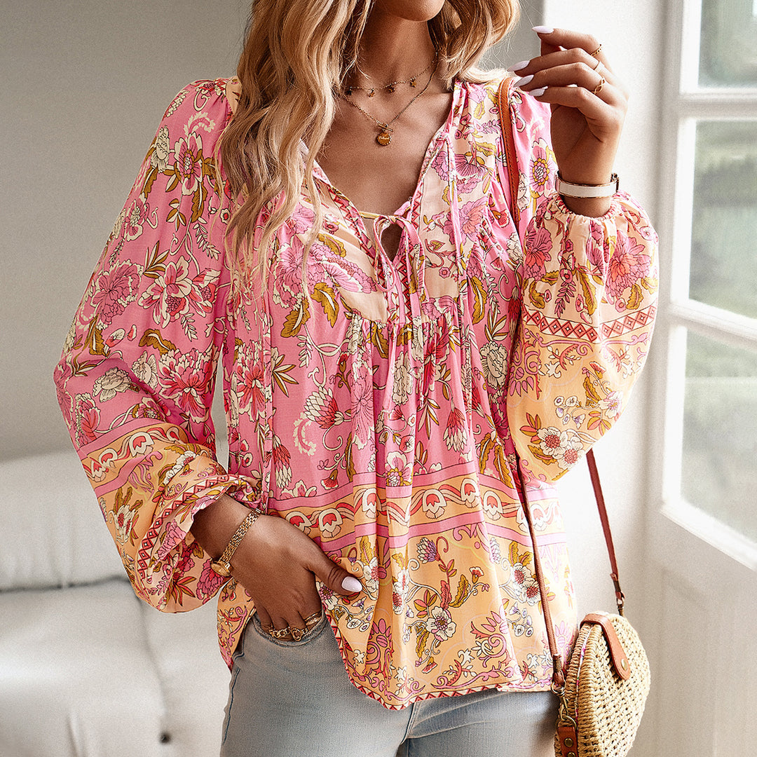 Dame longsleeve bluse med floralt design og elastiske ærmeafslutninger Stilla