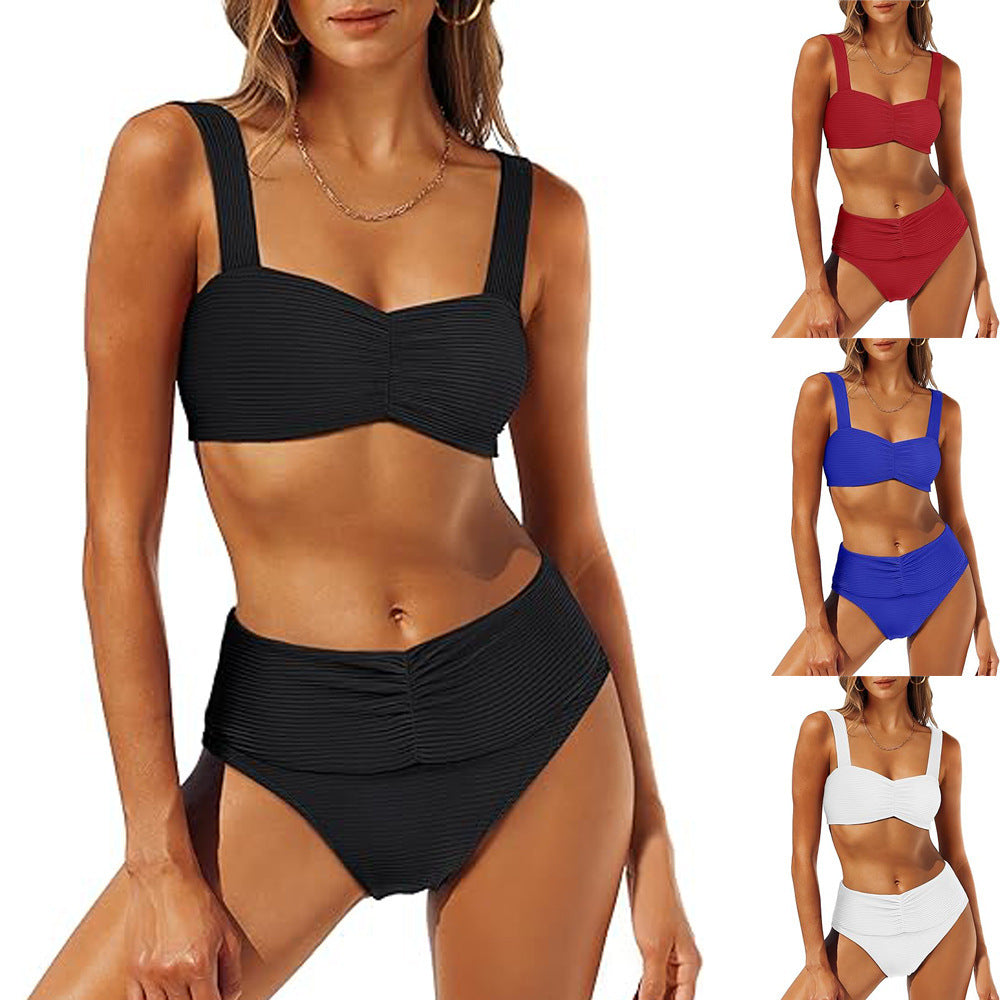 Dame Højskåret Bikini-Sæt med raffinerede folder og brede stropper Stilla