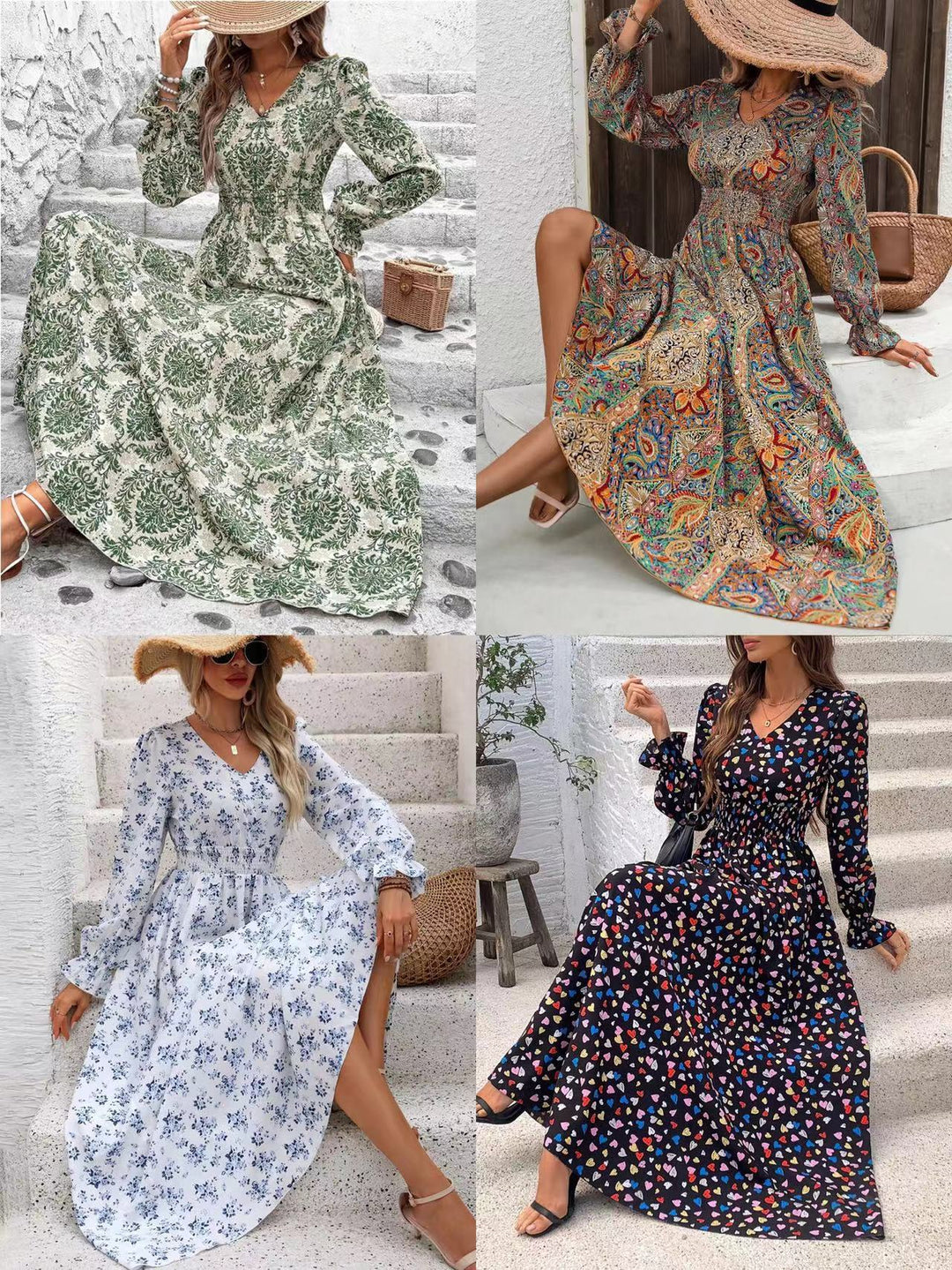 Dame Maxikjole med raffineret blomsterdesign og elastisk liv Stilla