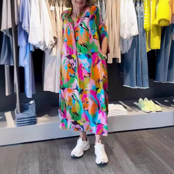 Dame nan Skjortebluse-Maxikjole med Pop-Art løveprint, knaplukning og stiklommer Skovae