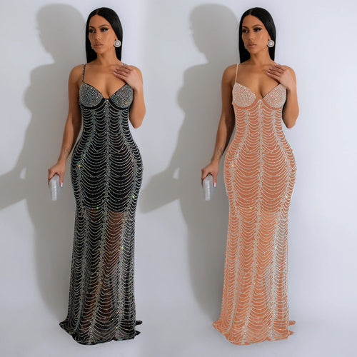 Dame Glamourøst Maxikjole med transparente Strassdekorationer Stilla