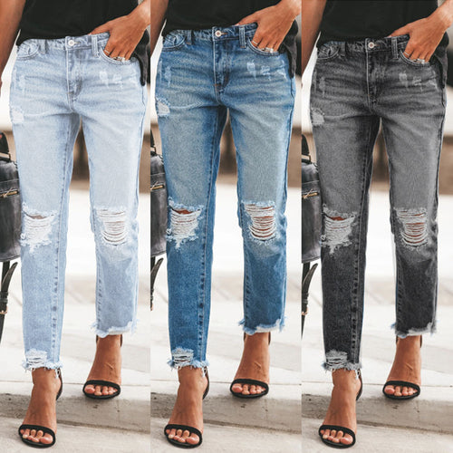 Dame Slim Fit Jeans med destroyed-detaljer og høj talje Stilla