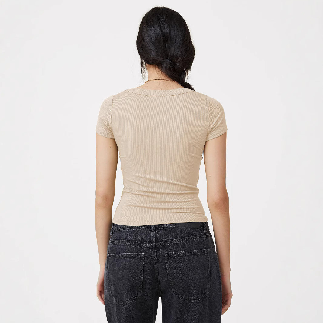Dame Crop-top med firkantet udskæring og fin ribstruktur Stilla
