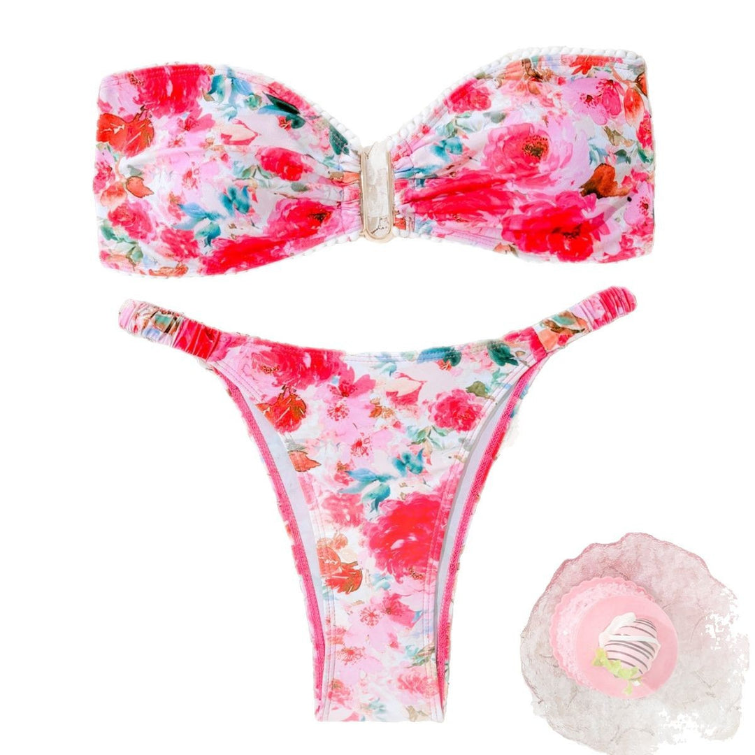 Dame Floral Print Bandeau Bikini Sæt Stilla