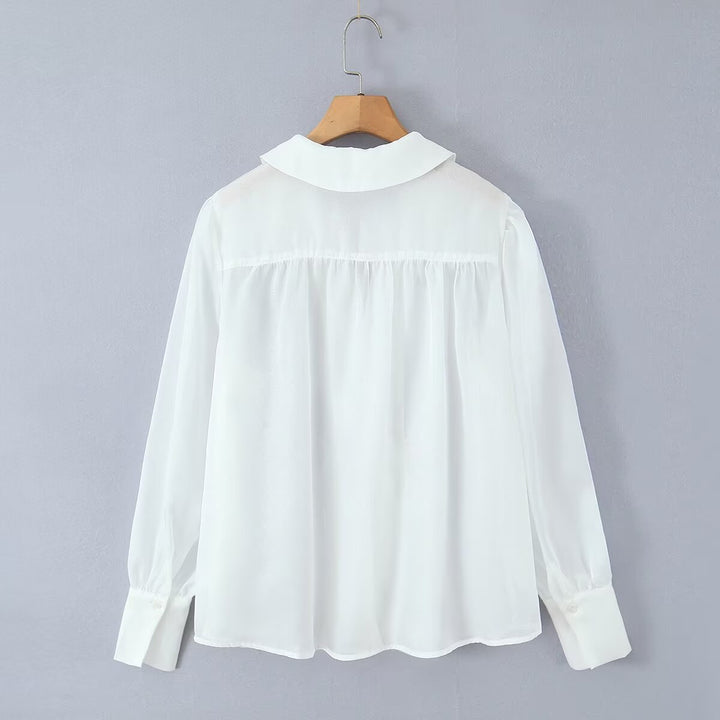 Dame elegant chiffonbluse med raffinerede puffærmer og ædel krave Skovae