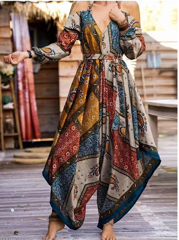 Dame maxikjole med legende patchwork-design og skulderfri snit Stilla