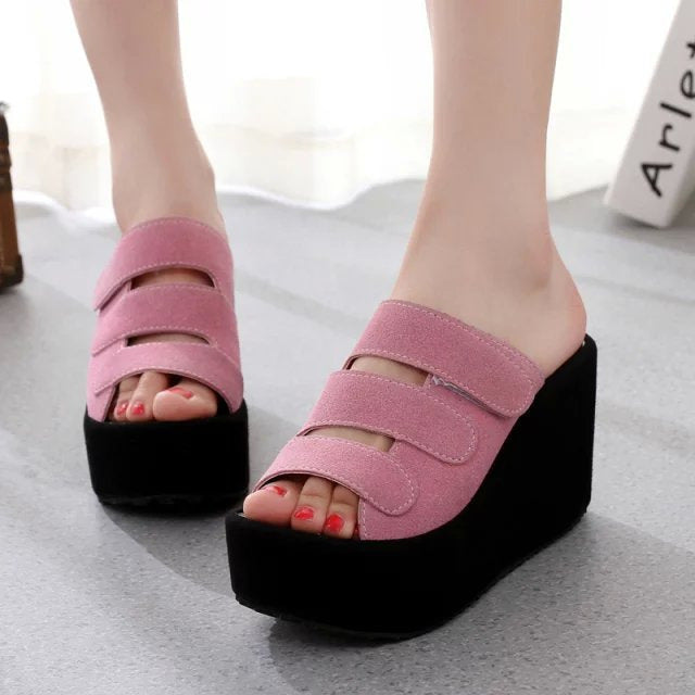 Dame triple justerbare velcro-sandaler med høj plateau-wedge hæl Skovae