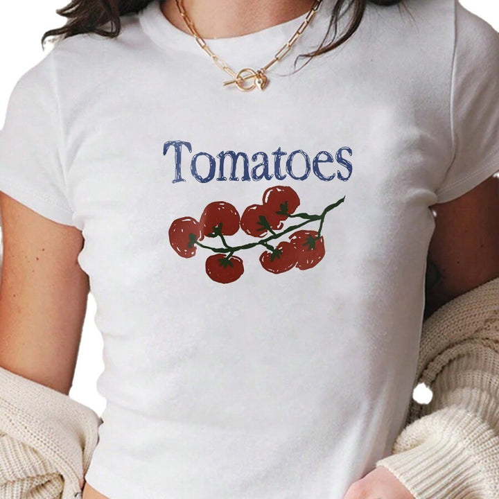Dame Crop-T-Shirt med kreativt tomatmønster Skovae