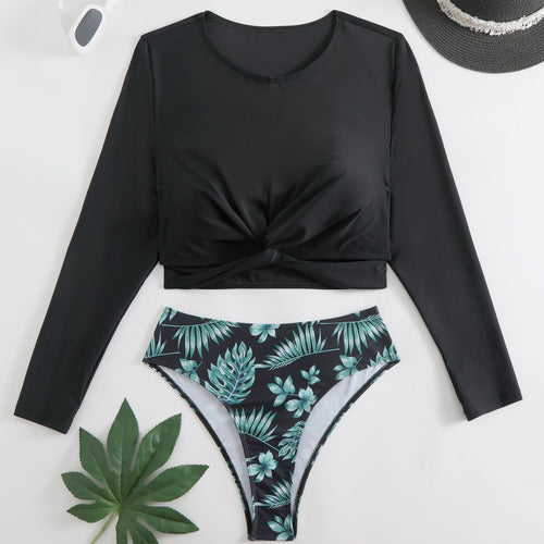 Dame Langermet Crop Top og Højtaljet Bikini-Sæt Stilla