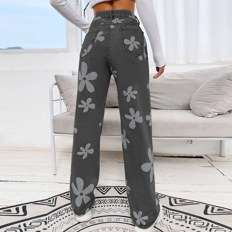 Dame løstsiddende jeans med blomster mønstre Stilla