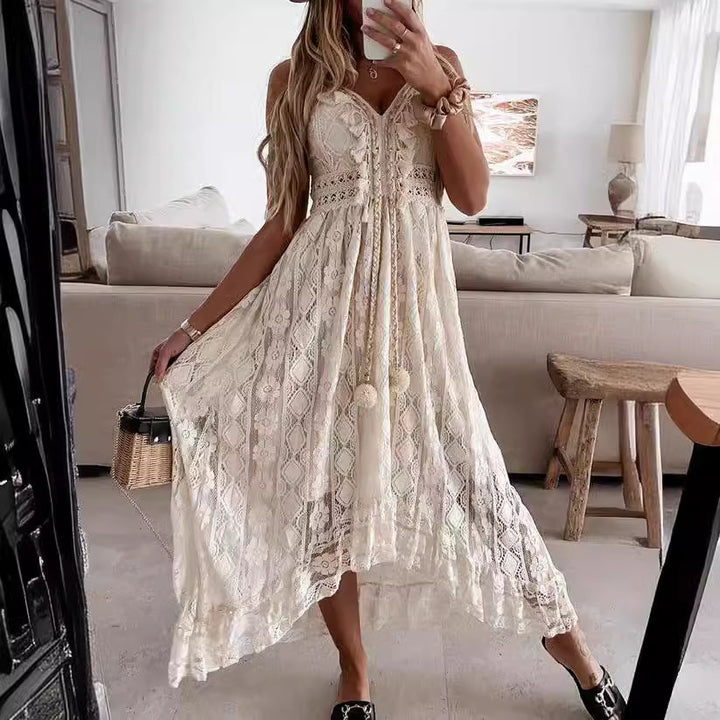 Dame Boho-maxikjole med spidsdetaljer og dekorative kvaster Skovae