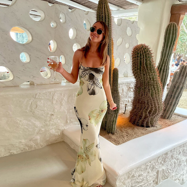 Dame elegant maxikjole med blomsterprint og justerbare spaghetti-stropper Skovae
