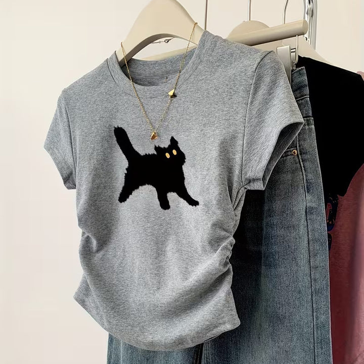 Dame T-shirt med kreativ kattemotiv og afslappet snit Skovae