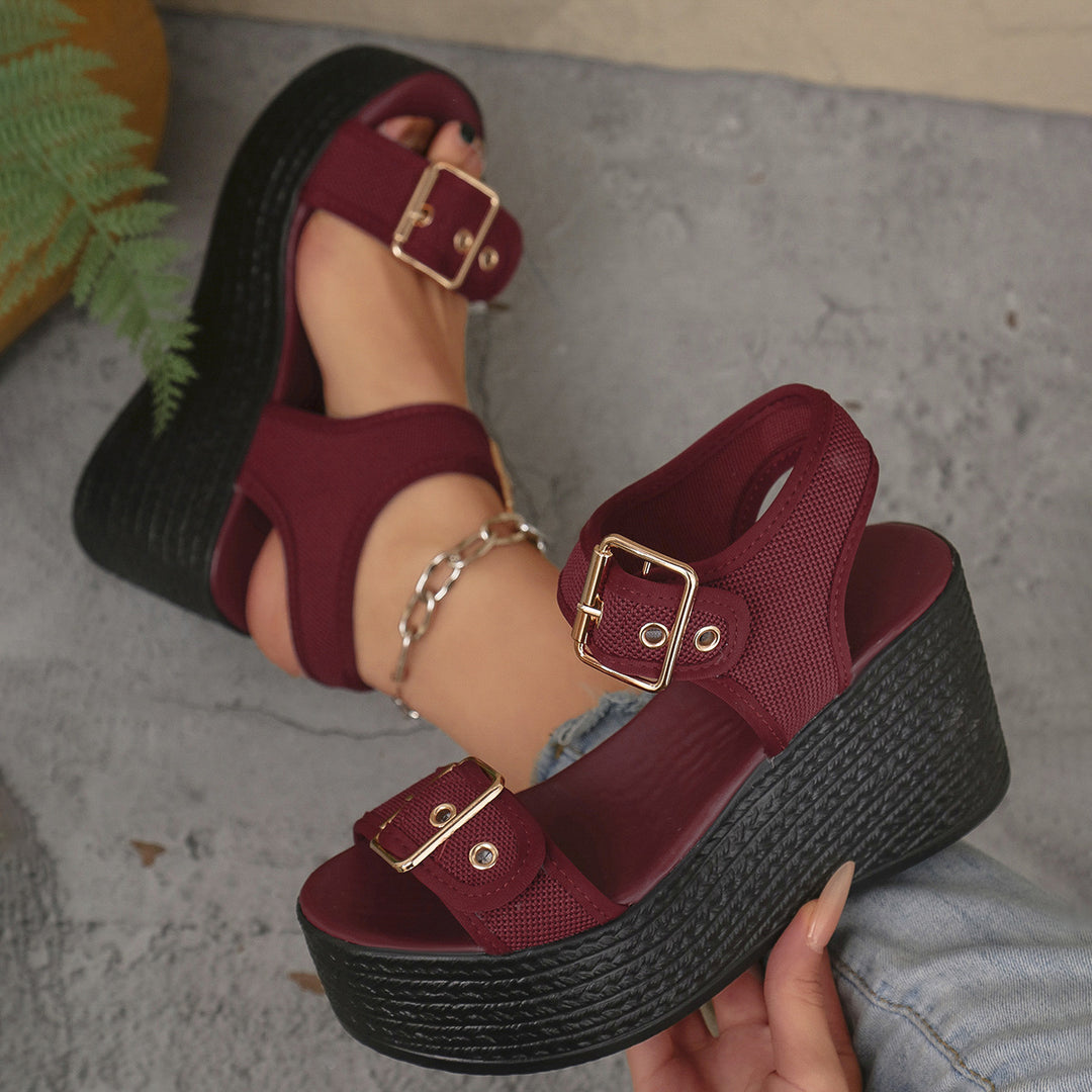 Dame nan Espadrille-Plateau-Sandalette med tekstilremme, store metalspenne og polstret komfortfodseng Skovae