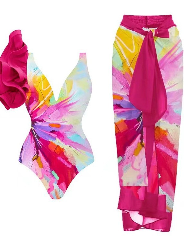 Dames badedragt med voluminøse flæse detaljer og matchende sarong Skovae