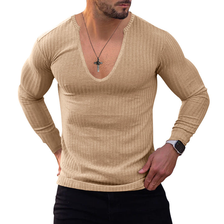 Herrer Langærmet Henley T-shirt med dyb V-hals og struktureret stof Stilla